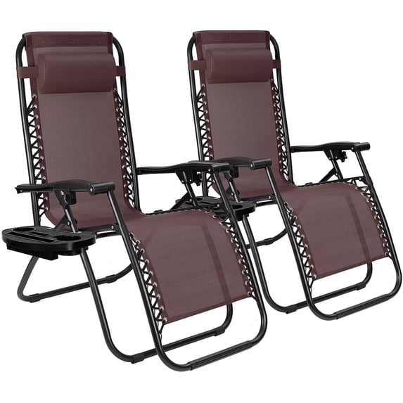 Vineego Sturdy Zero-Gravity Chairs with Pillow and Cup Holder - Set of 2 Brown