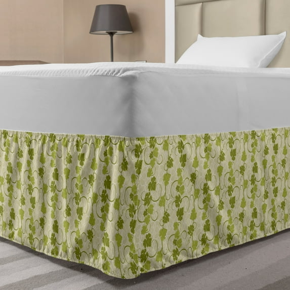 Vines Bed Skirt, Repeating Abstract Grape Leaves Graphic in Green Tones, Elastic Bedskirt Dust Ruffle Wrap Around for Bedding Decor, 4 Sizes, Olive Green Mustard, by Ambesonne