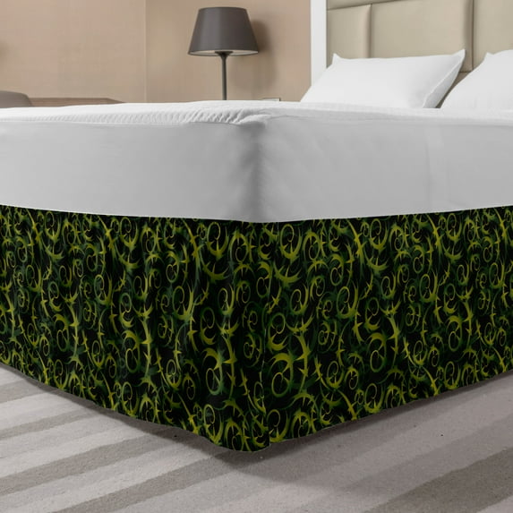 Vines Bed Skirt, Rhythmic Abstract Ivy Grape Leaves Print in Dark Tones, Elastic Bedskirt Dust Ruffle Wrap Around for Bedding Decor, 4 Sizes, Olive Green Dark Green, by Ambesonne