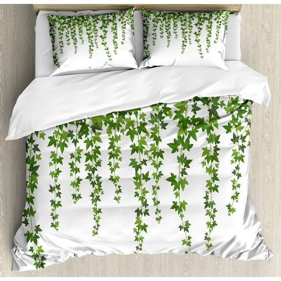 Vines Duvet Cover Set, Garden Theme Plant Grape Leaves Ivy Illustration, Decorative 3 Piece Bedding Set with 2 Pillow Shams, King Size, Fern Green White, by Ambesonne