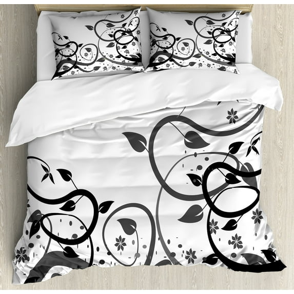 Vines Duvet Cover Set, Grey Tones Abstract Branches Grape Leaves Flowers Illustration, Decorative 3 Piece Bedding Set with 2 Pillow Shams, Queen Size, Dimgray Charcoal Grey, by Ambesonne