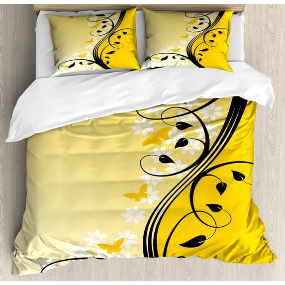 Vines Duvet Cover Set King Size, Butterflies Grape Leaves Branches Flowers Illustration, Decorative 3 Piece Bedding Set with 2 Pillow Shams, Mustard Earth Yellow and Dark Olive Green, by Ambesonne
