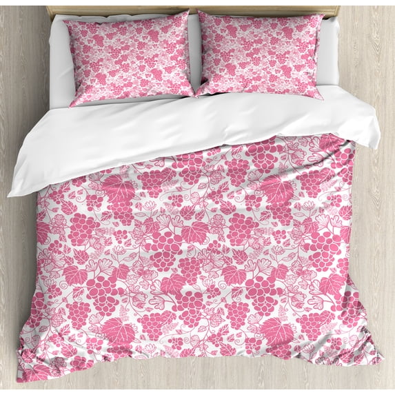 Vines Duvet Cover Set, Monotone Grapes Leaves Wine Theme Blush Tones Rhythmic Abstract Pattern, Decorative 3 Piece Bedding Set with 2 Pillow Shams, King Size, Pastel Pink and White, by Ambesonne