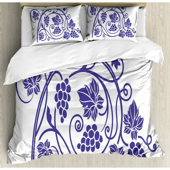 Vines Duvet Cover Set Queen Size, Monotone Grapes Leaves Branches Simplistic Botanical Wine Theme Print, Decorative 3 Piece Bedding Set with 2 Pillow Shams, Dark Ceil Blue and White, by Ambesonne