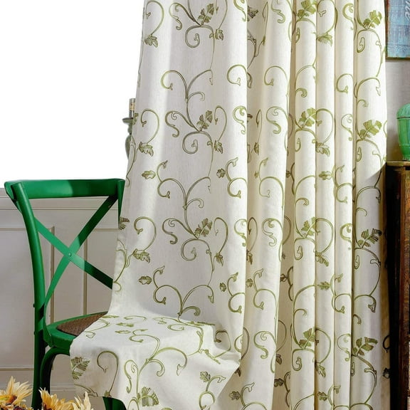 VOGOL Vines Embroidered Faux Linen Grommet Curtains, Light Filtering Home Window Treatment for Farmhouse, W52"xL63", Grass Green, 2 Panels
