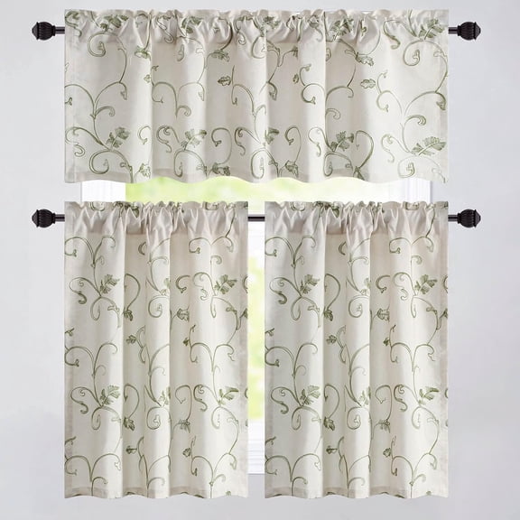 Vines Embroidery Tier Curtains and Valance Set, 3 Panels Rod Pocket Cafe Kitchen Curtains for Small Windows, Light Filtering, 52 x 18 & 30 x 36
