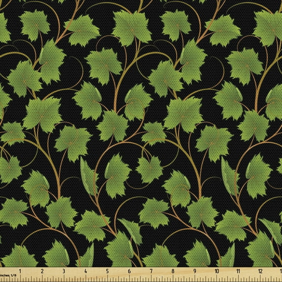 Vines Fabric by the Yard, Colorful Abstract Illustration of Rhythmic Botany Grape Leaves on Dark, Decorative Upholstery Fabric for Chairs & Home Accents, 1 Yard, Olive Green Black Amber by Ambesonne