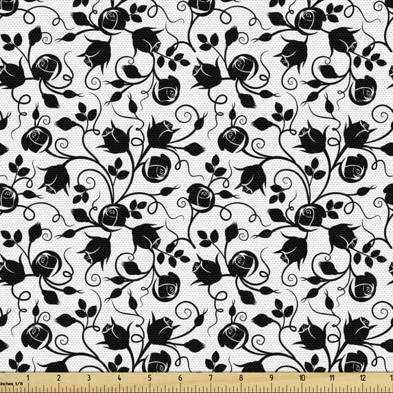 Vines Fabric by the Yard, Monochrome Abstract Intertwined Rosebuds Branches Rhythmic Illustration, Decorative Upholstery Fabric for Chairs & Home Accents, 3 Yards, Charcoal Grey and White by Ambesonne