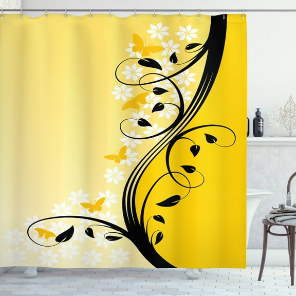 Vines Shower Curtain, Butterflies Grape Leaves Branches Flowers Illustration, Fabric Bathroom Set with Hooks, 69W X 70L Inches, Mustard Earth Yellow and Dark Olive Green, by Ambesonne