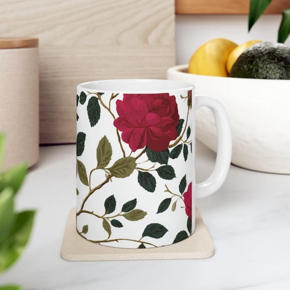 Viney Red Rose Ceramic Mug, Floral Coffee Cup.