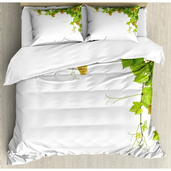 Vineyard Duvet Cover Set, Collage of Wine Leaves on Bunch Farming Natural Rural Tasty Food Berry Image, Decorative 3 Piece Bedding Set with 2 Pillow Shams, Queen Size, Green Yellow, by Ambesonne