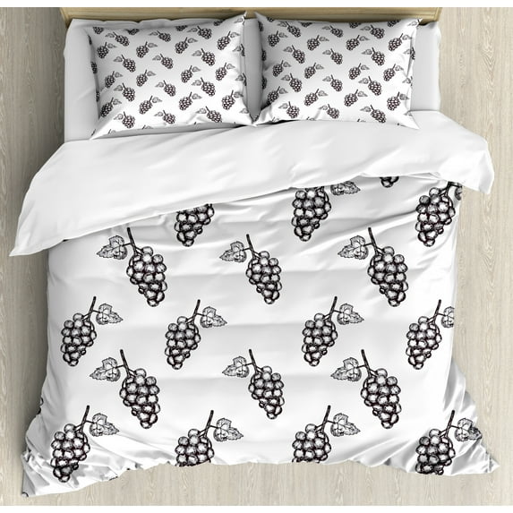 Vineyard Duvet Cover Set, Hand Drawn Sketchy Fruits Summer Ripe Simplistic Farmers Graphic Art, Decorative 3 Piece Bedding Set with 2 Pillow Shams, Queen Size, Grey White, by Ambesonne