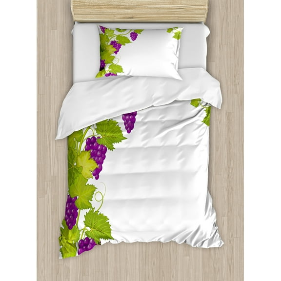 Vineyard Duvet Cover Set, Latin Brochure Italian Town Province Vintage Style Menu Sign Art Pattern, Decorative 2 Piece Bedding Set with 1 Pillow Shams, Twin Size, Violet Green, by Ambesonne
