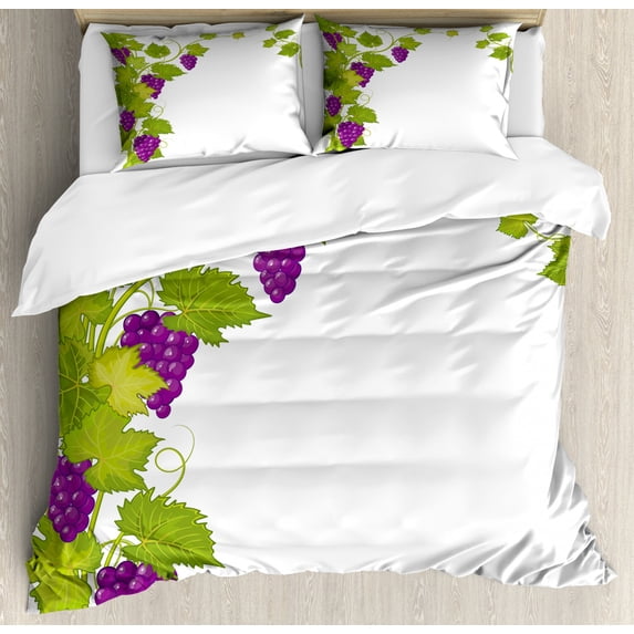 Vineyard Duvet Cover Set, Latin Brochure Italian Town Province Vintage Style Menu Sign Art Pattern, Decorative 3 Piece Bedding Set with 2 Pillow Shams, King Size, Violet Green, by Ambesonne