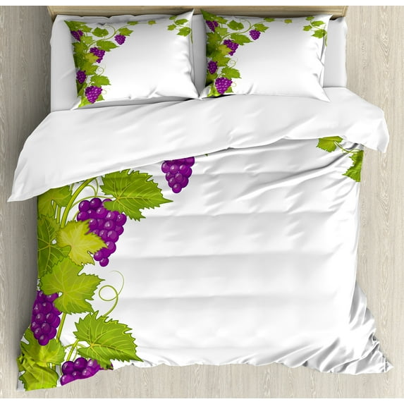Vineyard Duvet Cover Set, Latin Brochure Italian Town Province Vintage Style Menu Sign Art Pattern, Decorative 3 Piece Bedding Set with 2 Pillow Shams, Queen Size, Violet Green, by Ambesonne