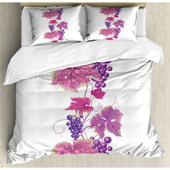 Vineyard Duvet Cover Sets, Vibrant Colored Twiggy Branch with Berries Leaves Plants Trees Wild Habitat, Bedding Set with 2 Duvet Covers & 4 Pillowcases, 2 Pack King Size, Fuchsia Purple, by Ambesonne