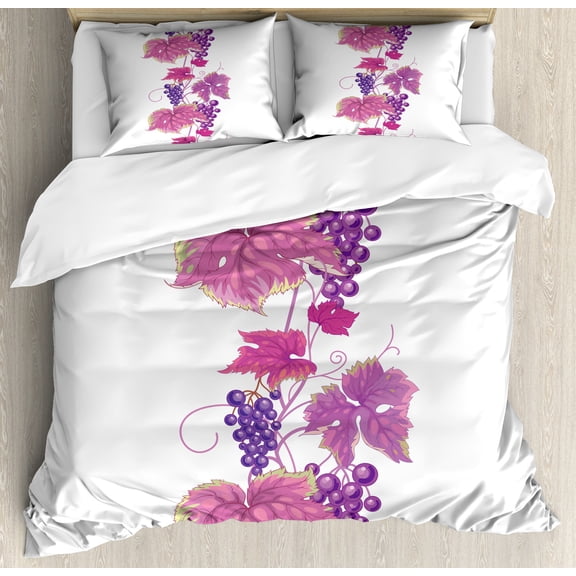 Vineyard Duvet Cover Sets, Vibrant Colored Twiggy Branch with Berries Leaves Plants Trees Wild Habitat, Bedding Set with 2 Duvet Covers & 4 Pillowcases, 2 Pack King Size, Fuchsia Purple, by Ambesonne