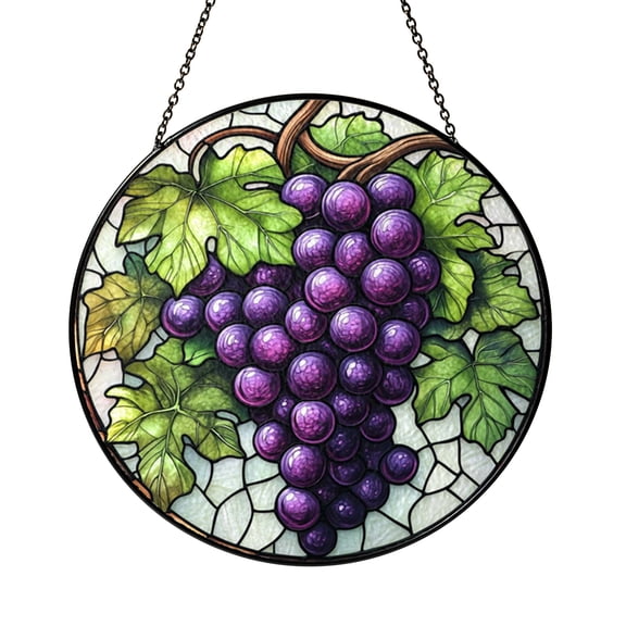 Vineyard Grape Cluster Stained Glass Style Window Suncatcher Hanging Decor, Fruit Decorative Glass Panel Art for Kitchen Window Ornament