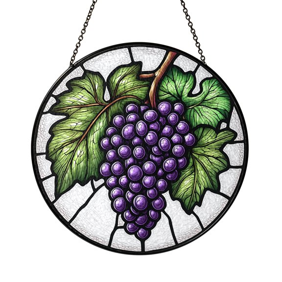 Vineyard Grape Fruit Design Stained Glass Style Round Window Hanging