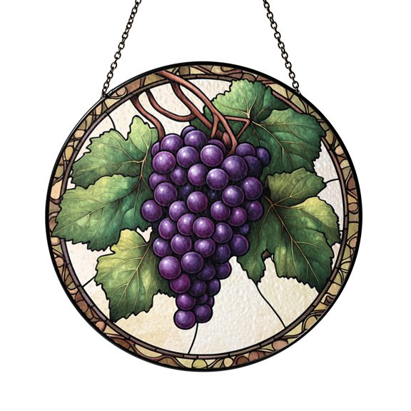 Vineyard Grape Stained Glass Style Suncatcher, Purple Fruit Window Hanging Decor Gift