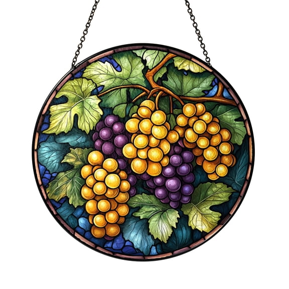 Vineyard Grape Stained Glass Window Suncatcher, Round Fruit Art Hanging Decor for Kitchen or Dining Space