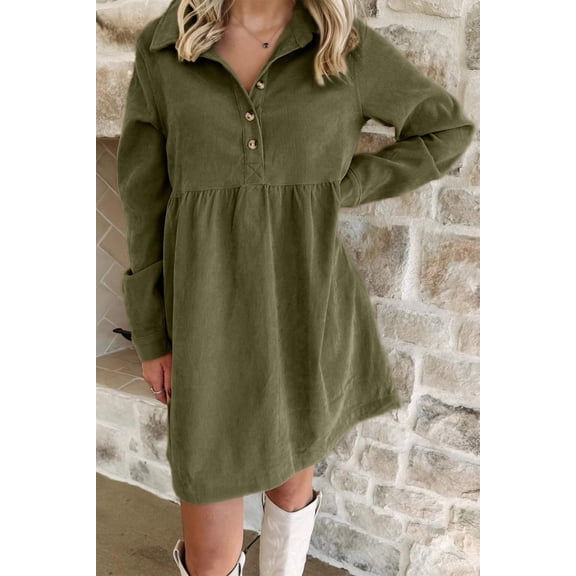 Vineyard Green Corduroy Half Button Collared Long Sleeve Mini Dress