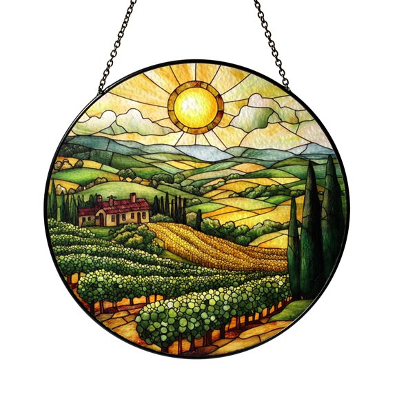Vineyard Hills Glass Style Suncatcher Window Hanging, Scenic Nature Art Panel, Decorative Ornament Accent Gift