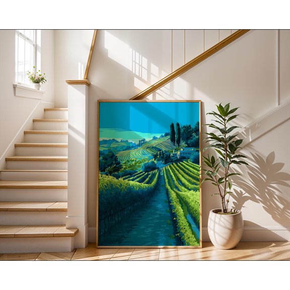 Vineyard Hills Poster Landscape Poster Blue And Green Wine Country Decor , Poster Print Only