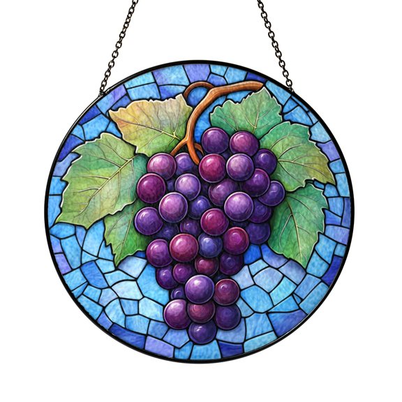 Vineyard Inspired Stained Glass Style Window Suncatcher, Grape Fruit Art Panel, Decorative Glass Style Window Decor for Kitchen Interior and Food Lover Home Accent