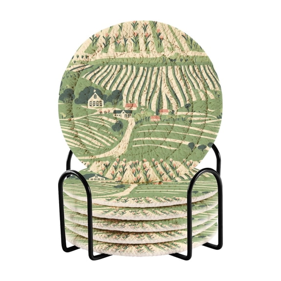 Vineyard Landscape 4in Bar Coasters Set of 6 with Storage Rack Durable Heat Resistant