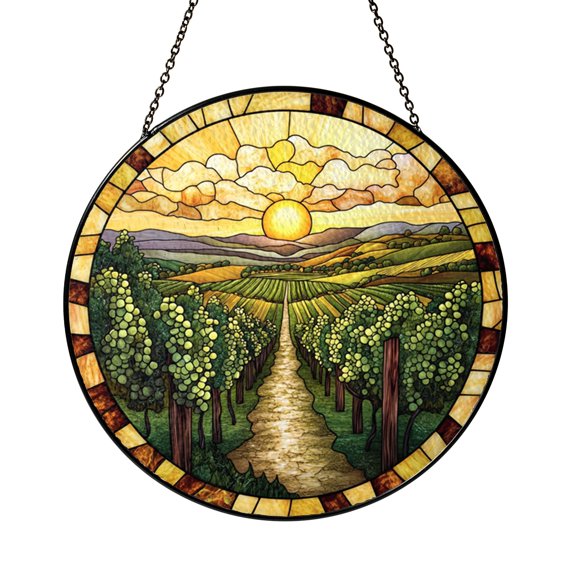 Vineyard Landscape Stained Glass Suncatcher Window Hanging, Rustic Countryside Decor, Thoughtful Gift for Wine Lovers