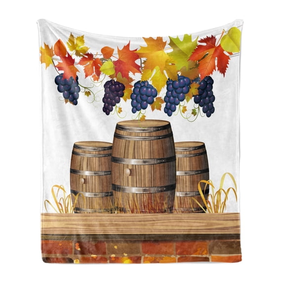Vineyard Soft Flannel Fleece Blanket, Wooden Wine Barrels with Faded Golden Yellow Autumn Leaves Fall Sunlight Design, Cozy Plush for Indoor and Outdoor Use, 70" x 90", Orange Brown, by Ambesonne