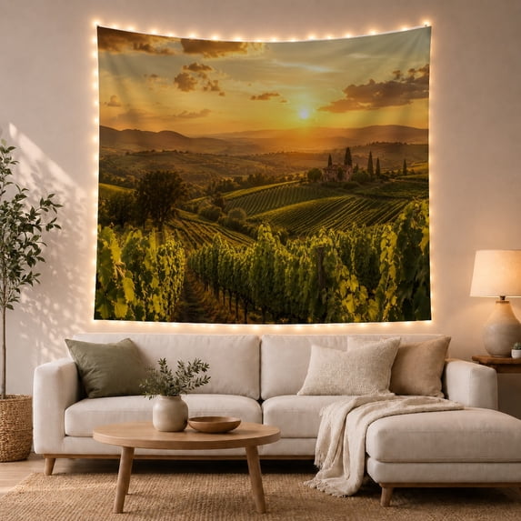 Vineyard Sunset Landscape with Sunbeams Over Rolling Hills Romantic Watercolor for Wine Enthusiasts Rustic Vineyard Wall Decor Housewarming Gift Tapestry Wall Hanging for Living Room and Bedroom