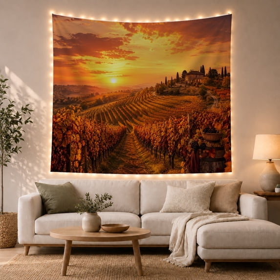 Vineyard Sunset with Wicker Basket and Grapes, Romantic Rustic for Wine Lovers, Scenic Pastoral Art Decor, Housewarming Gift, Tapestry Wall Hanging for Living Room and Bedroom