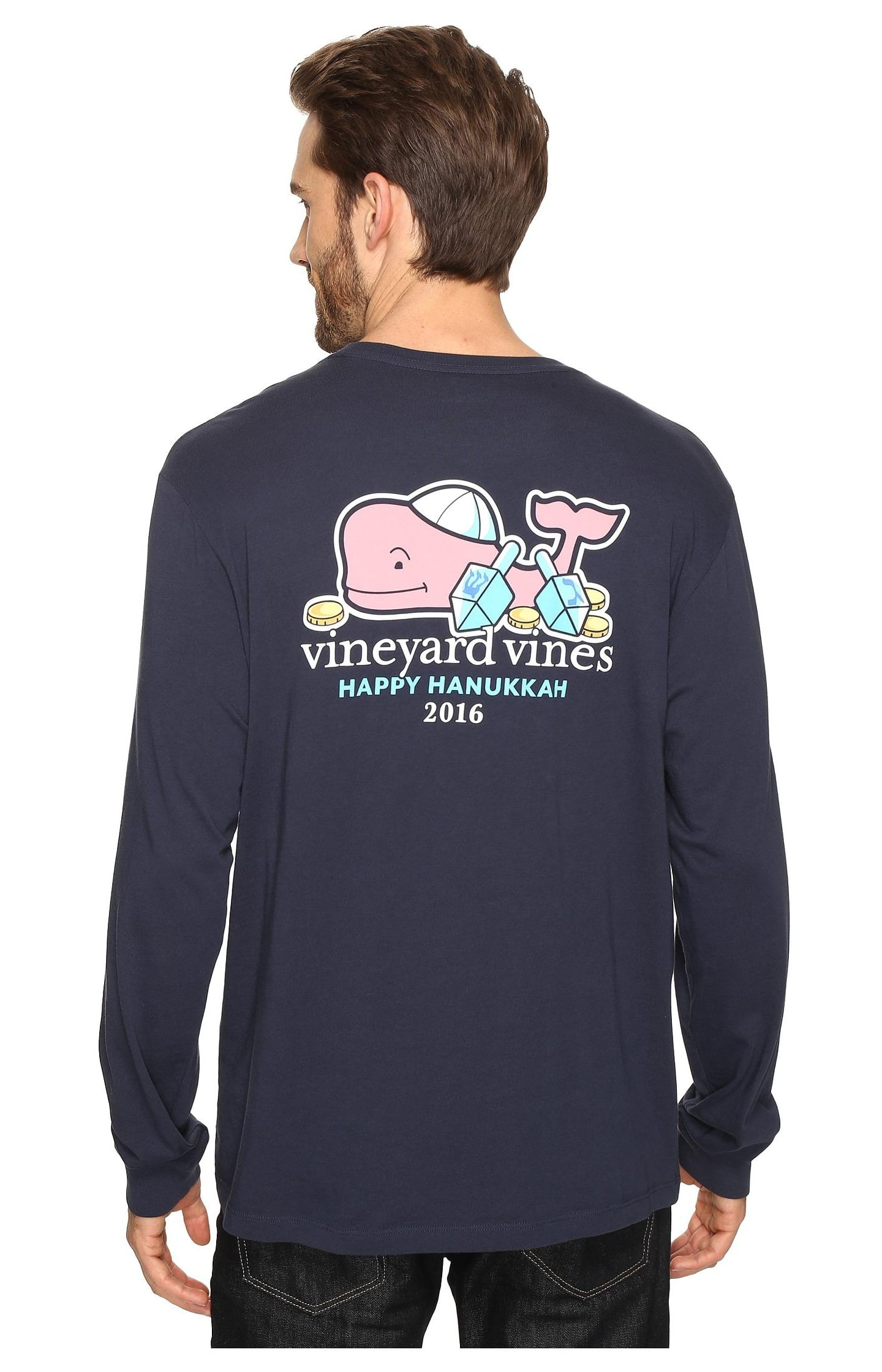 Vineyard Vines Men's Long-Sleeve Hanukkah Whale 2016 Pocket T-Shirt Blue  Blazer[XS]