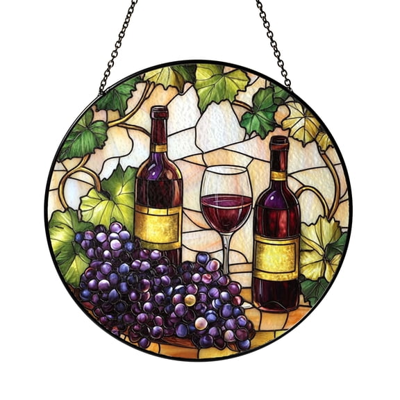 Vineyard Wine Bottle Stained Glass Style Suncatcher Window Hanging, Grape and Wine Glass Sun Catcher Ornament, Rustic Kitchen Window Art Decor, Colorful Stained Glass Style Decorative Window Decor