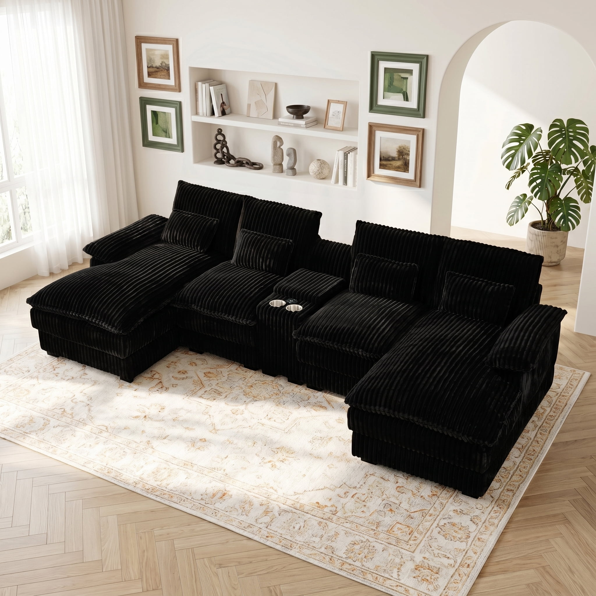 ANPPORT 124" U Shaped Cloud Modular Sectional Sofa, Corduroy Deep Seat Couch with Storage Console, USB Ports & Cup Holders for Living Room, Black