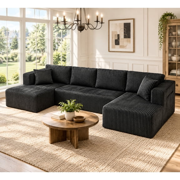 Vinform 132" U-Shaped Modular Sectional Cloud Sofa for Living Room, Corduroy, Black