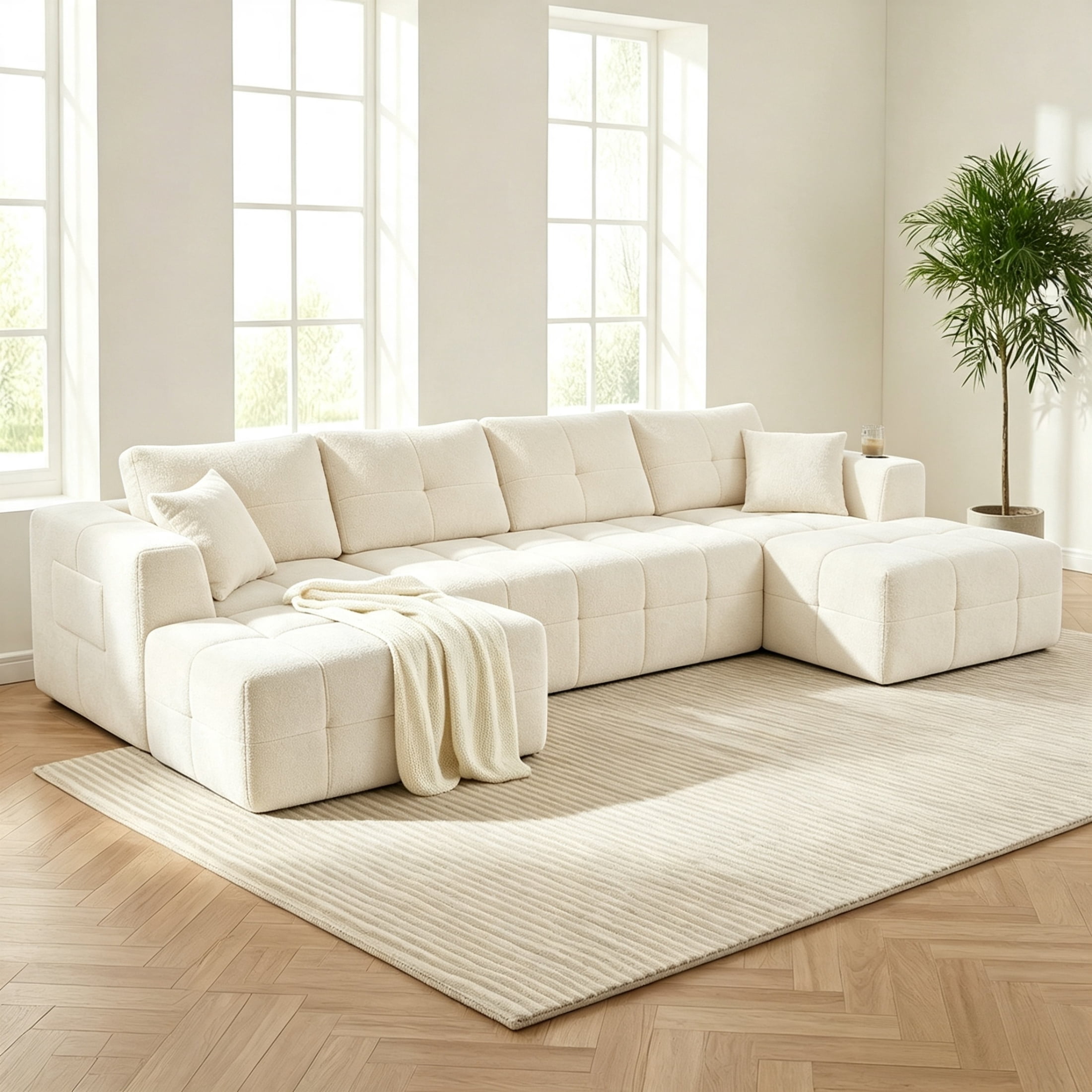Vinform 132" U-Shaped Modular Sectional Cloud Sofa with 2 Cup Holders for Living Room, Beige