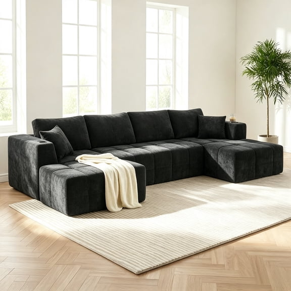 Vinform 132" U-Shaped Modular Sectional Cloud Sofa with 2 Removable Ottomans for Living Room Chenille, Black