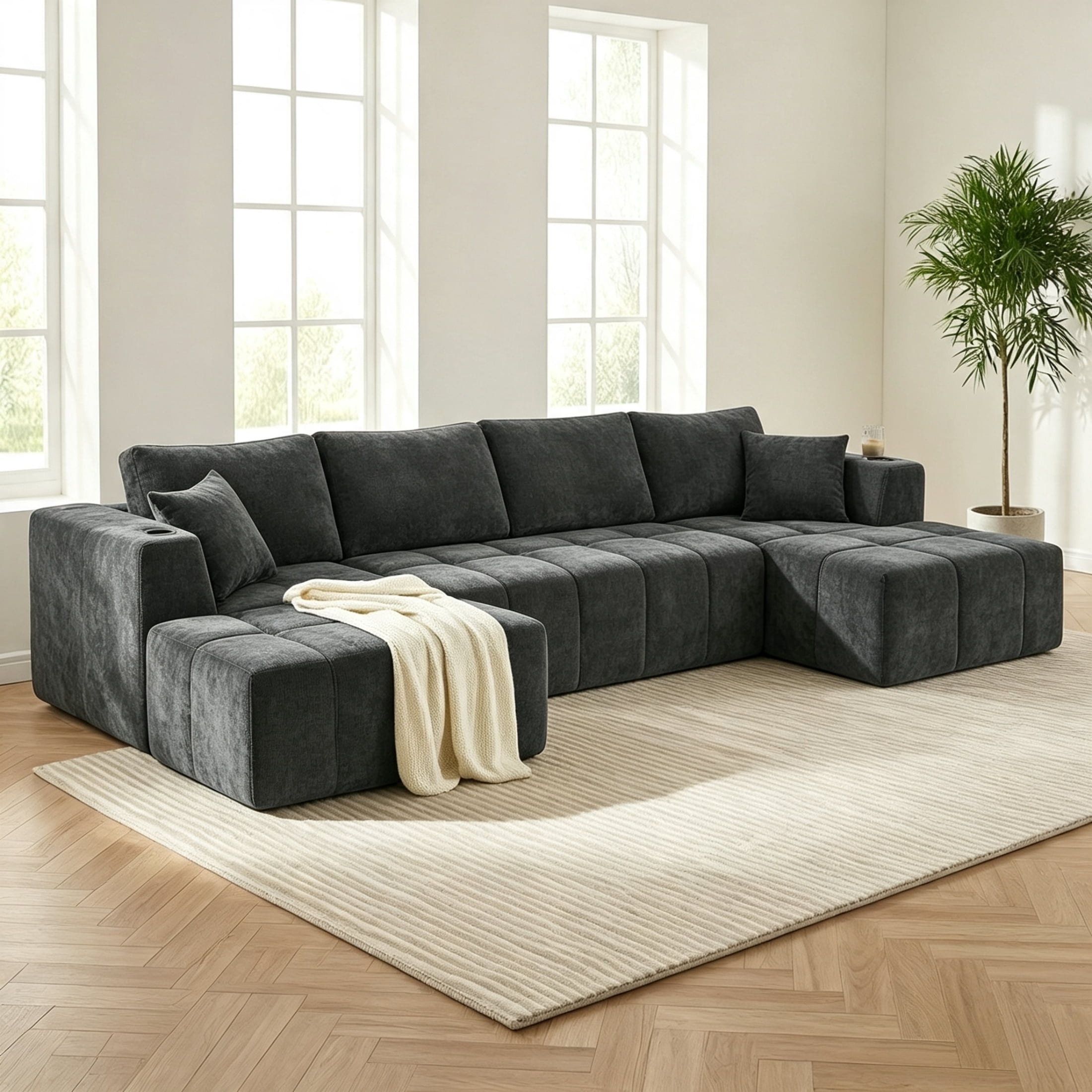 Vinform 132" U-Shaped Modular Sectional Cloud Sofa with 2 Cup Holders for Living Room, Dark Gray