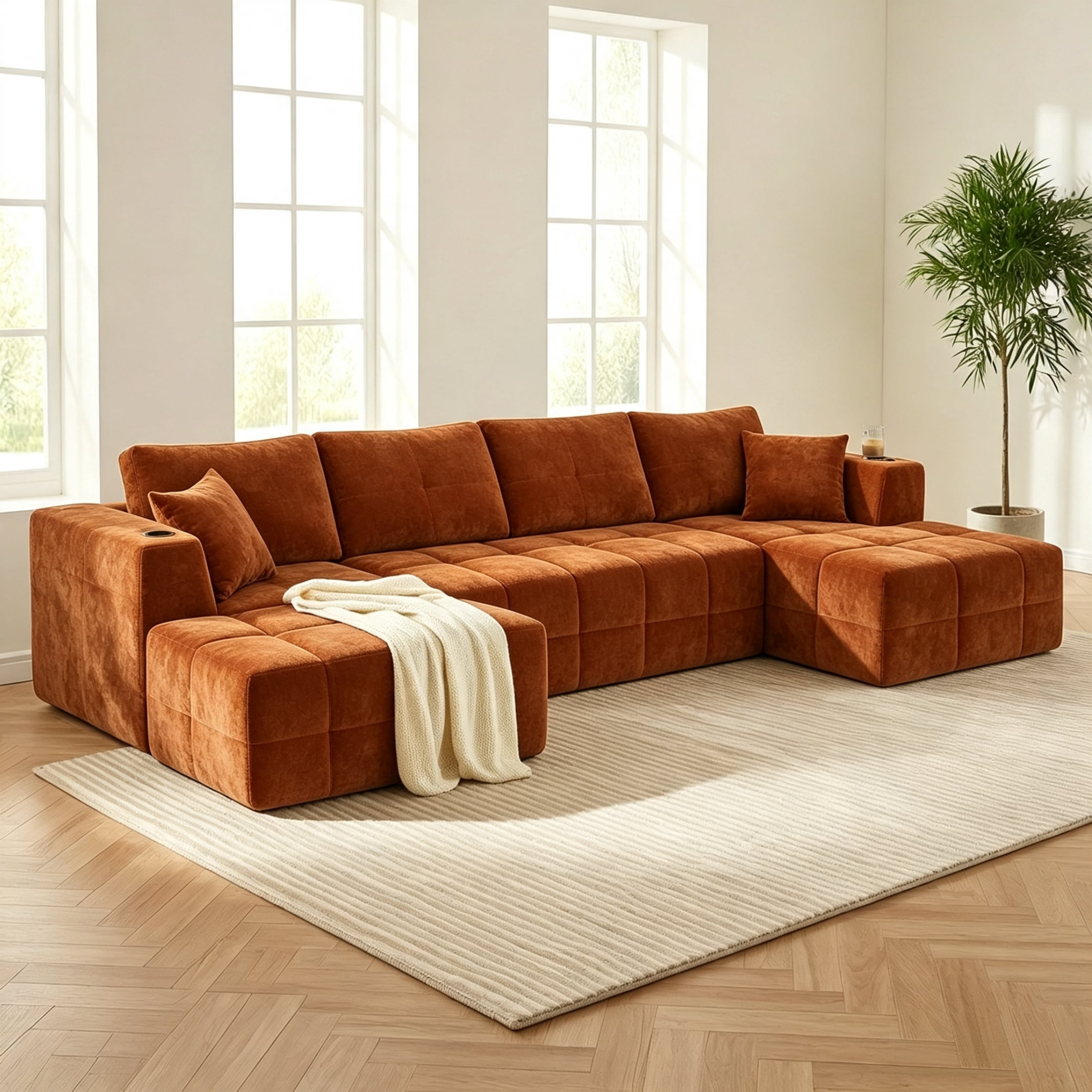 Vinform 132" U-Shaped Modular Sectional Cloud Sofa with 2 Cup Holders for Living Room, Orange