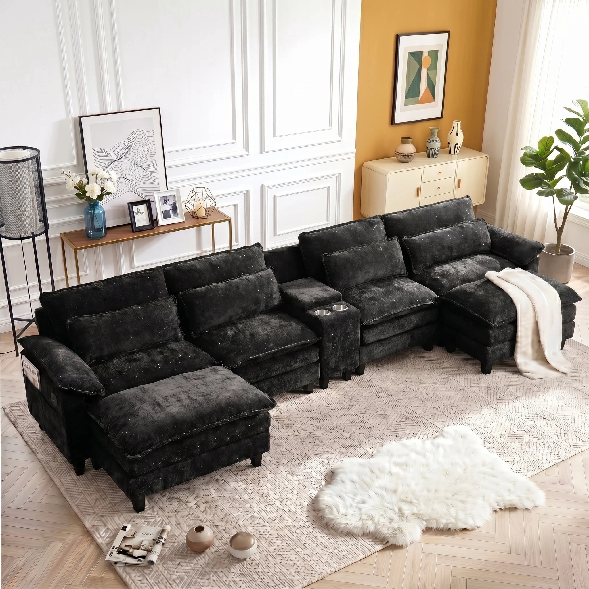AISWORD U Shaped Cloud Couch Sectional, Oversized Modular Sofa with USB Charging, Hidden Storage, Cup Holders & Double Chaise for Living Room, Black