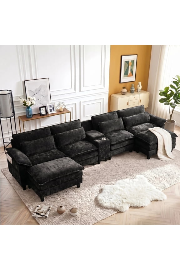 U Shaped Cloud Couch Sectional, Oversized Modular Sofa with USB Charging, Hidden Storage, Cup Holders & Double Chaise for Living Room, Black