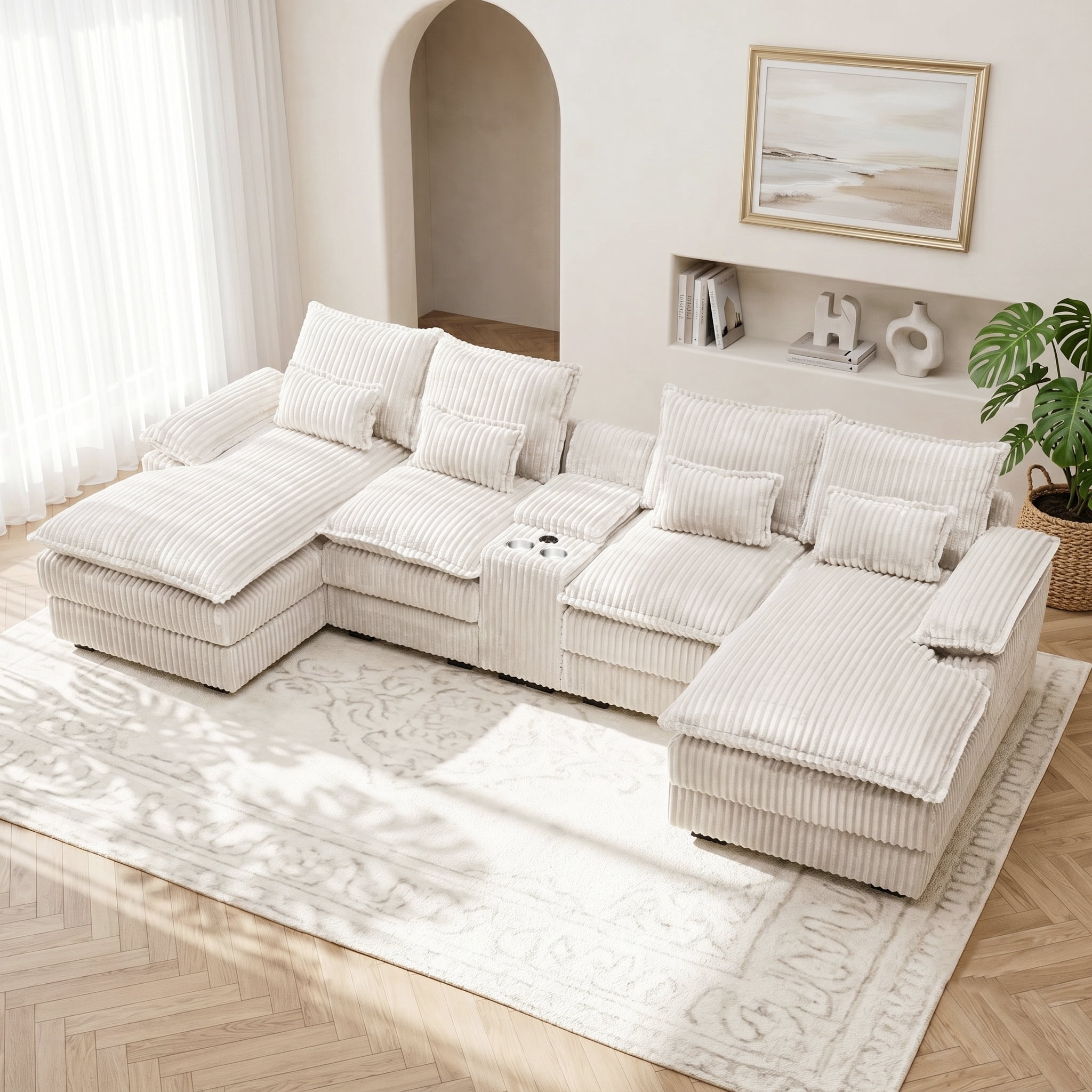 ANPPORT 124" U Shaped Cloud Modular Sectional Sofa, Corduroy Deep Seat Couch with Storage Console, USB Ports & Cup Holders for Living Room, White