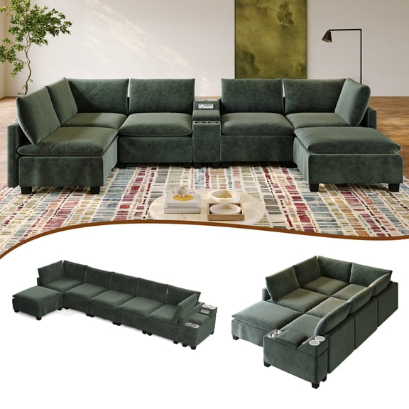 Vinform 121.2" U-Shaped Modular Sectional Cloud Couch, Built-in Bluetooth Speaker, USB Ports, Cup Holders, Storage Console, Convertible Chaise Sofa, Green