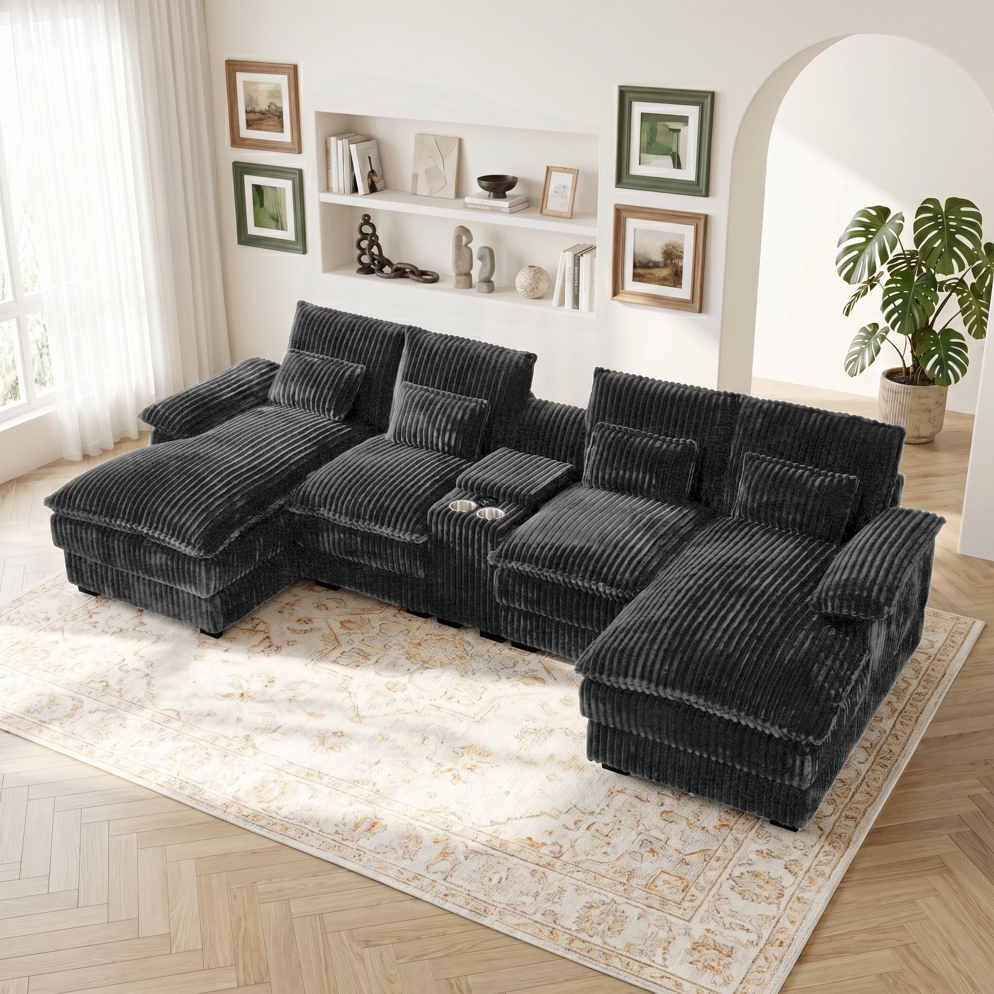 ANPPORT Luxury 124" U Shaped Cloud Modular Sectional Sofa, Corduroy Deep Seat Couch with Storage Console, USB Ports & Cup Holders for Living Room, Grey