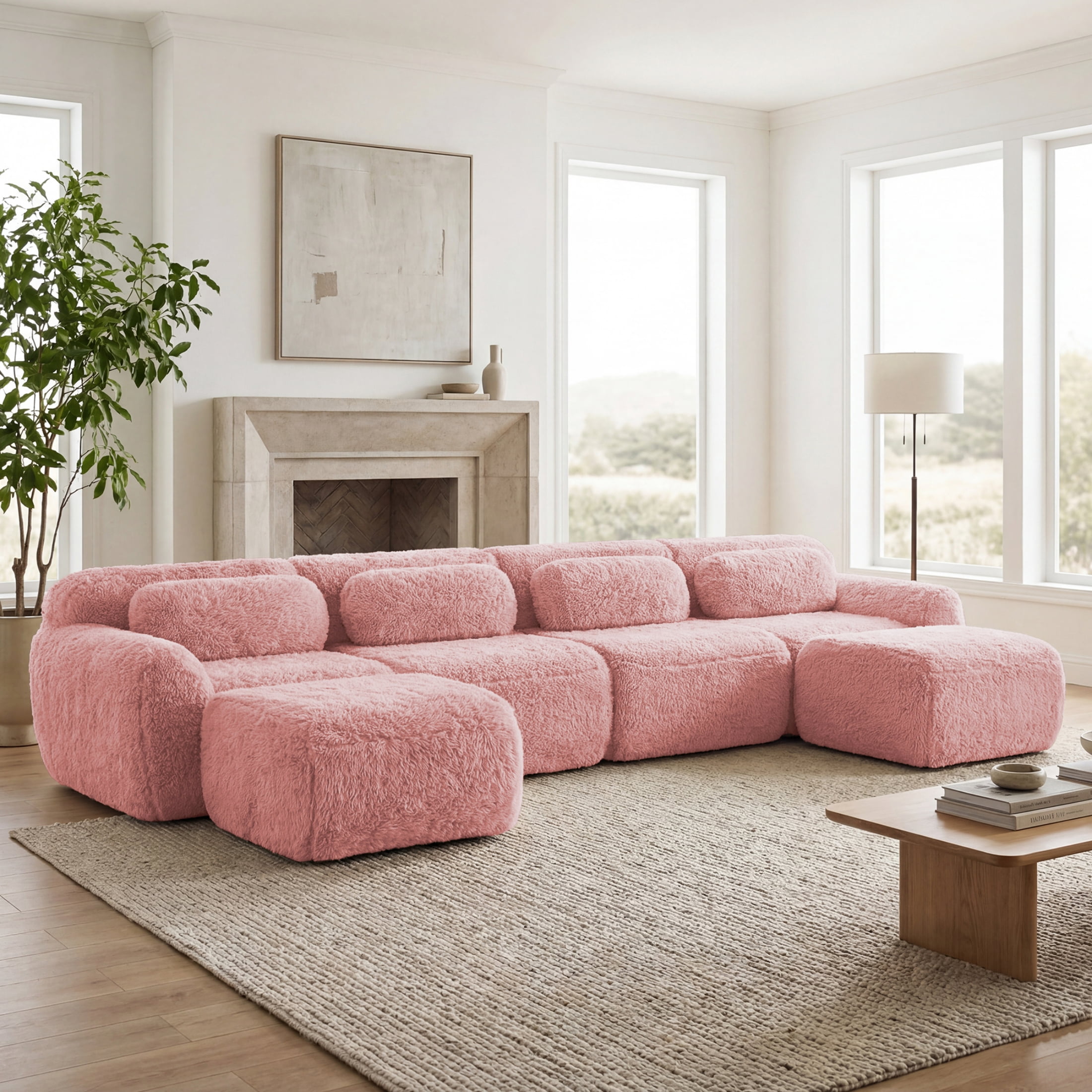 Vinform 149" Sectional Couch, U-Shaped Sofa with 2 Ottomans for Living Room, 4-Seat, Plush, Pink(No Assembly Required)