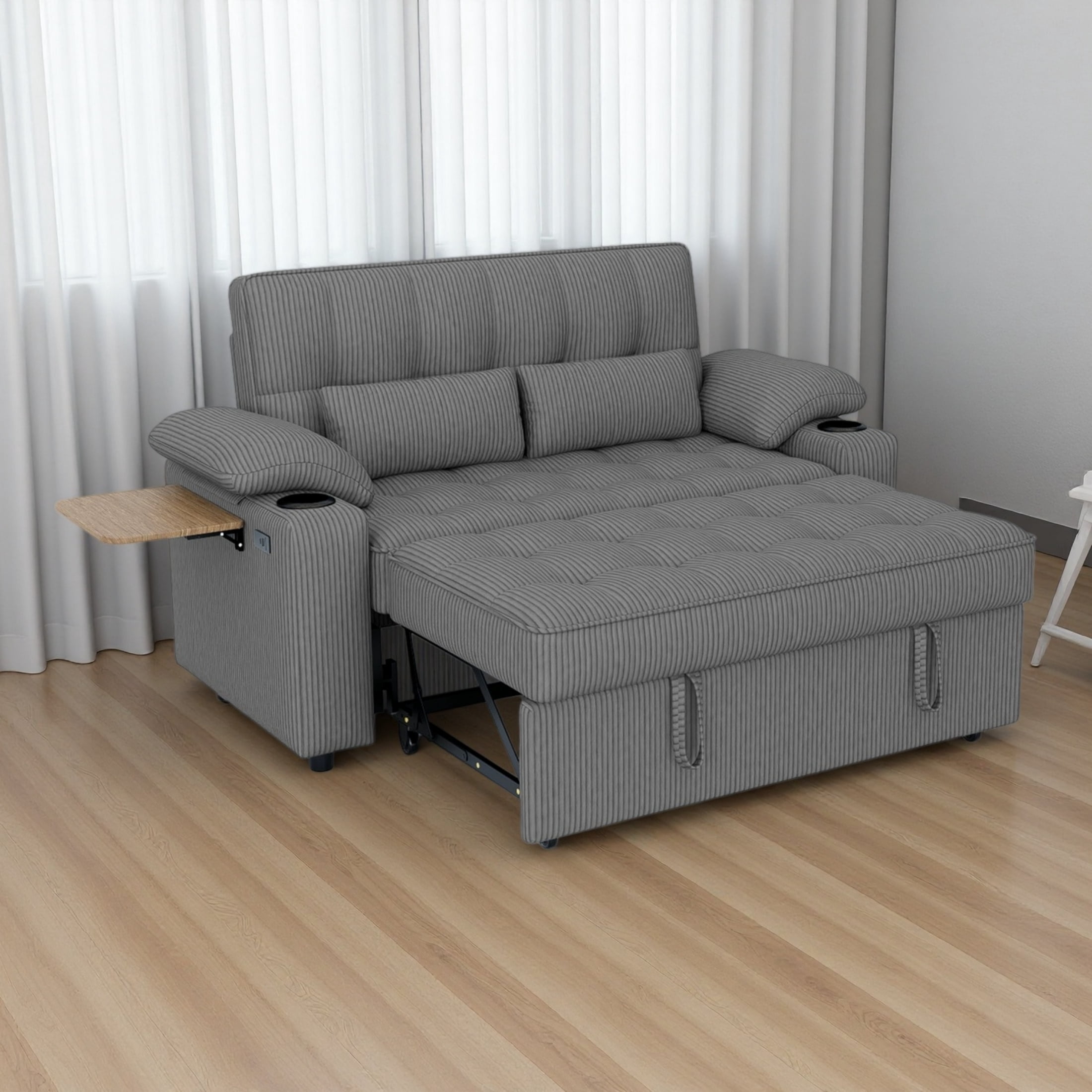 Vinform 3 in 1 Sleeper Sofa Bed, 58" Convertible Loveseat with Foldable Side Tray Table, USB Ports and Cup Holders for Apartments, Corduroy, Dark Gray