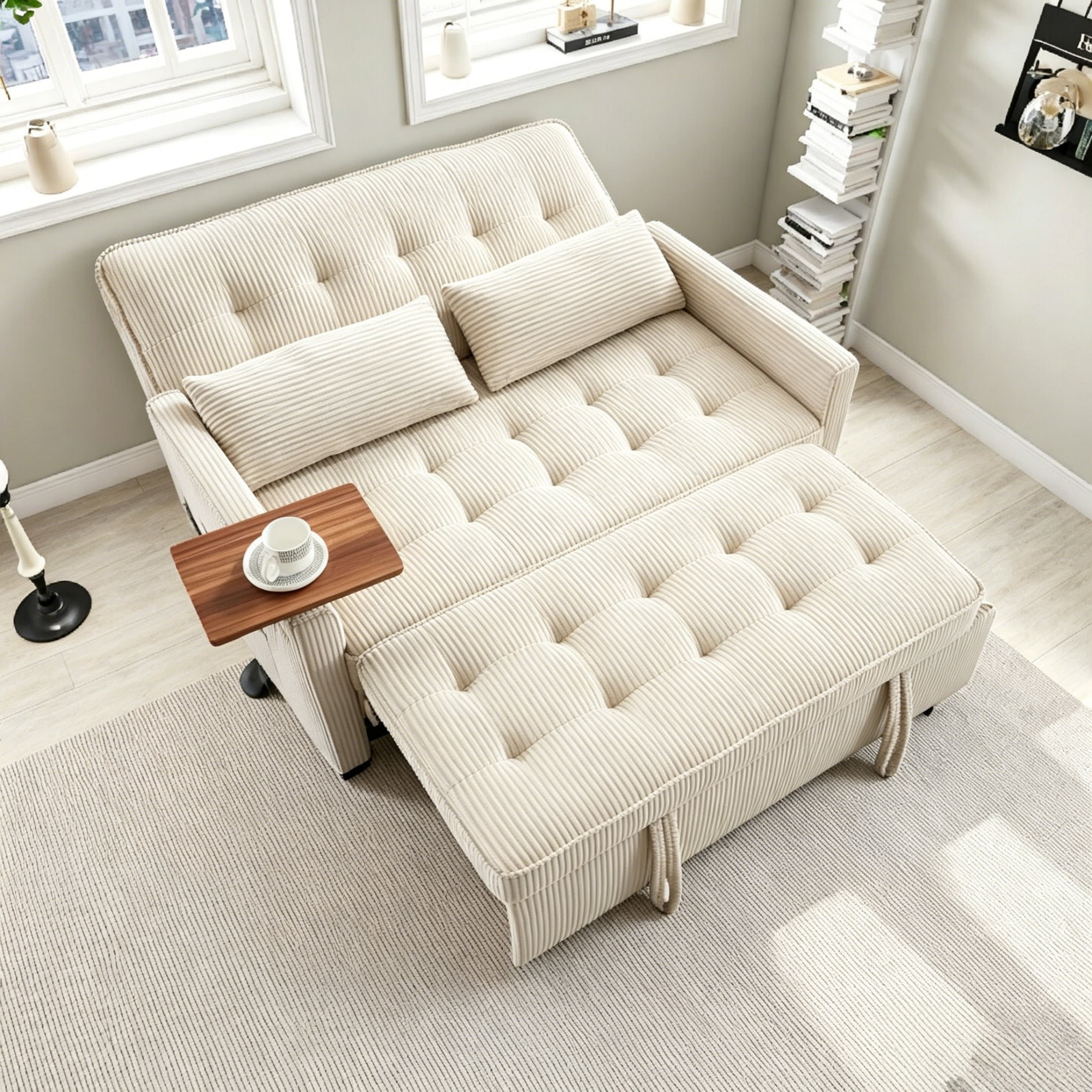 Vinform 3 in 1 Convertible Sleeper Sofa Bed, 55" Corduroy Pull Out Loveseat with Arm Table for Small Space, Beige